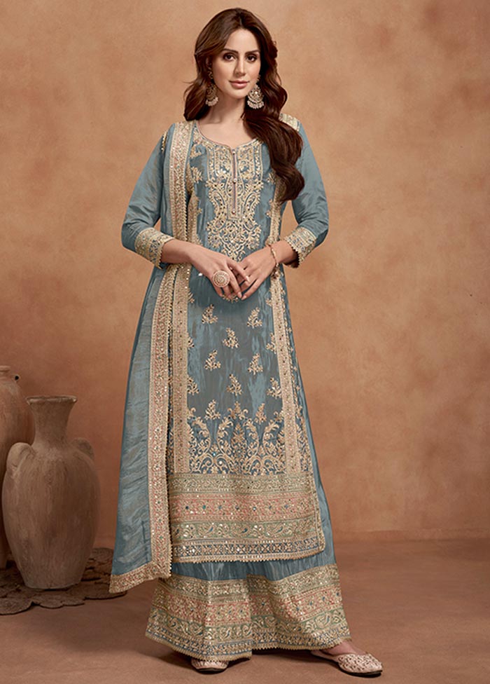 3 Pc Sky Blue Semi Stitched Silk Suit Set