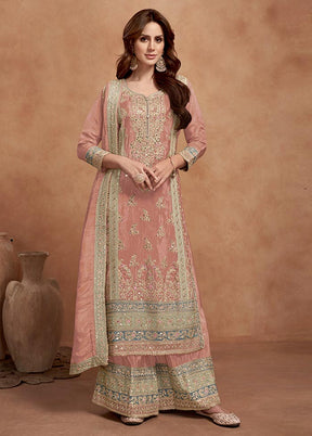 3 Pc Peach Semi Stitched Silk Suit Set