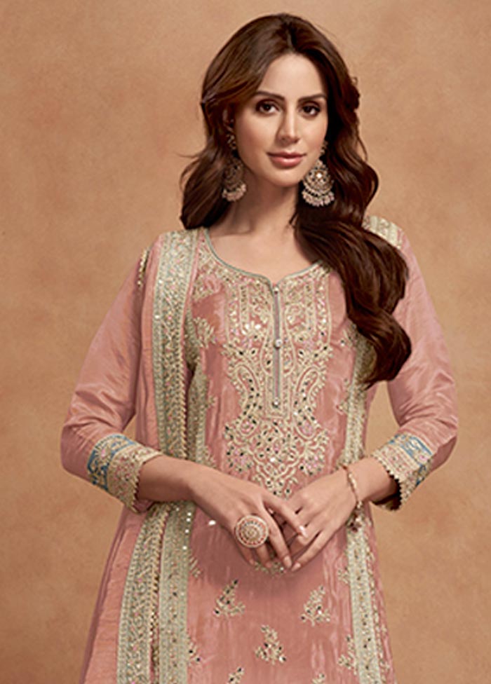 3 Pc Peach Semi Stitched Silk Suit Set