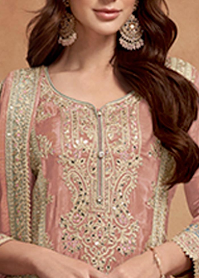 3 Pc Peach Semi Stitched Silk Suit Set