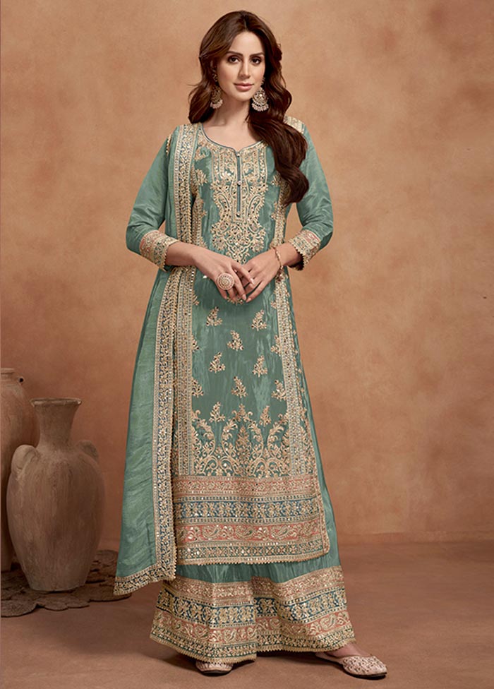 3 Pc Sea Green Semi Stitched Silk Suit Set