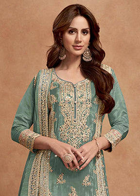 3 Pc Sea Green Semi Stitched Silk Suit Set