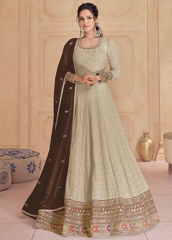 3 Pc Beige Semi Stitched Georgette Suit Set