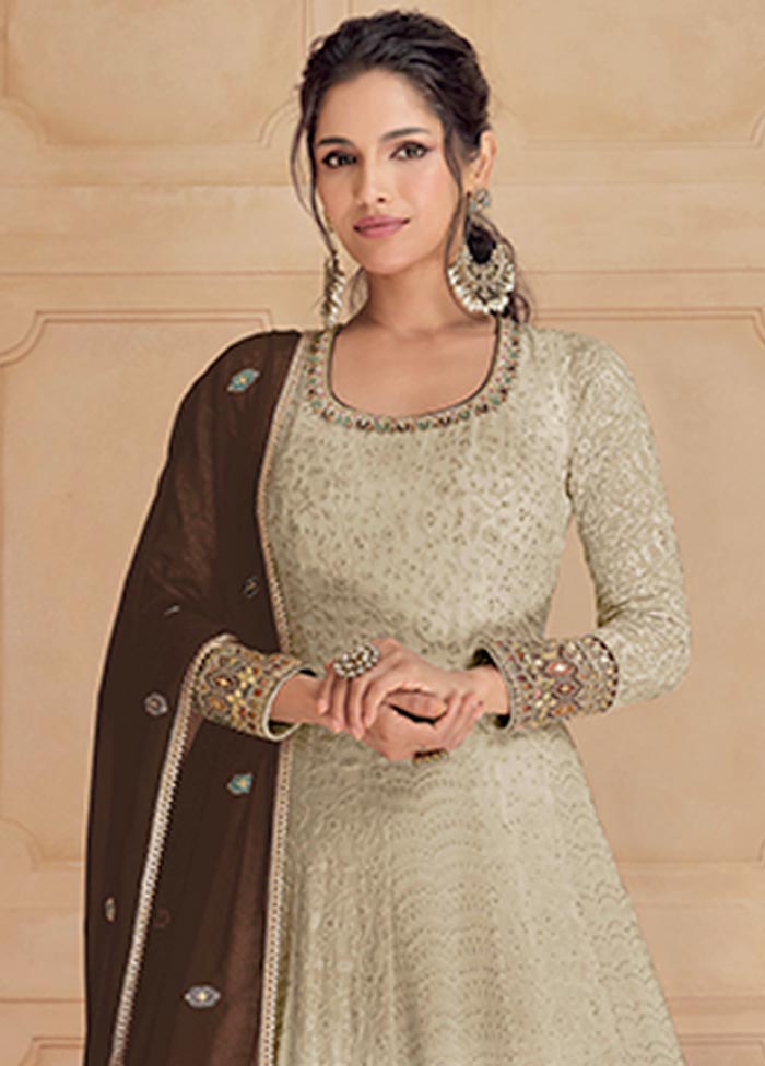 3 Pc Beige Semi Stitched Georgette Suit Set