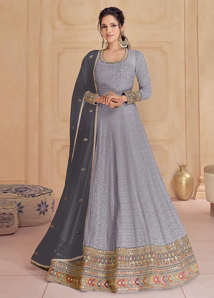 3 Pc Grey Semi Stitched Georgette Suit Set