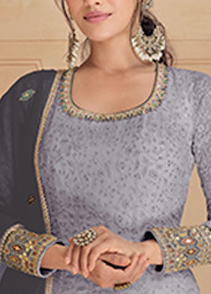 3 Pc Grey Semi Stitched Georgette Suit Set