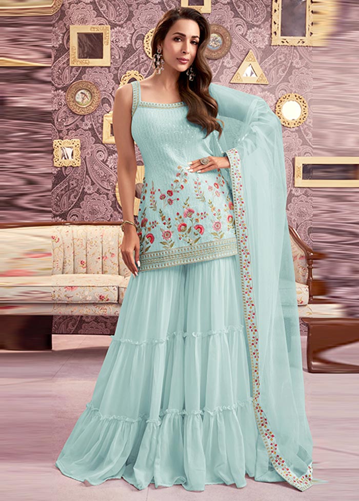 3 Pc Sky Blue Semi Stitched Georgette Suit Set