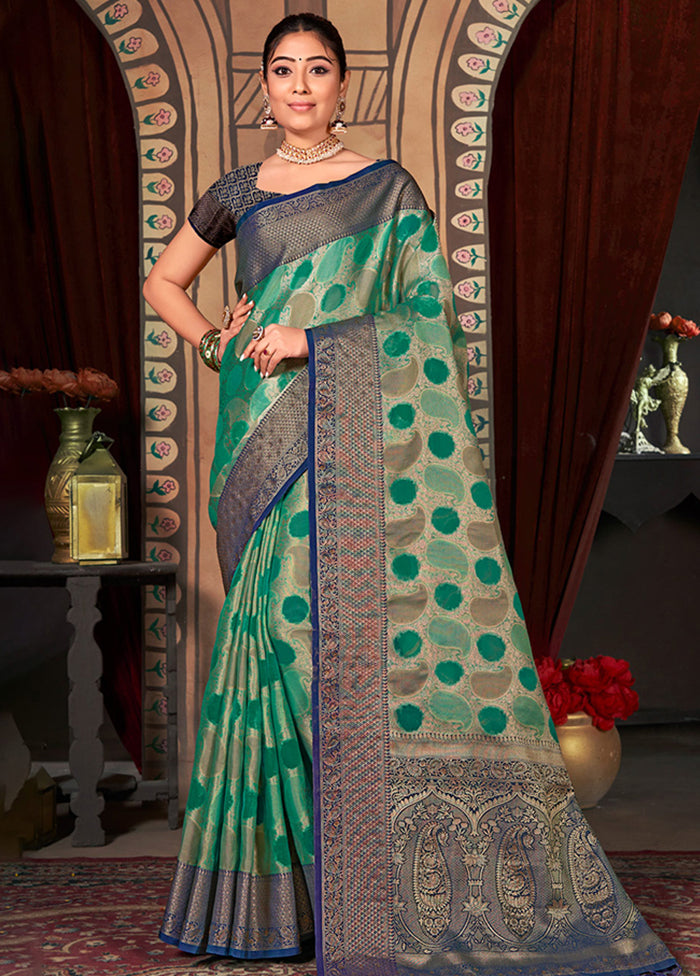 Teal Organza Saree With Blouse Piece - Indian Silk House Agencies