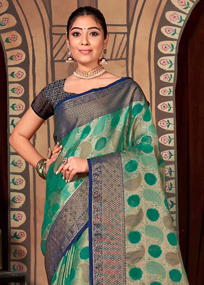 Teal Organza Saree With Blouse Piece - Indian Silk House Agencies