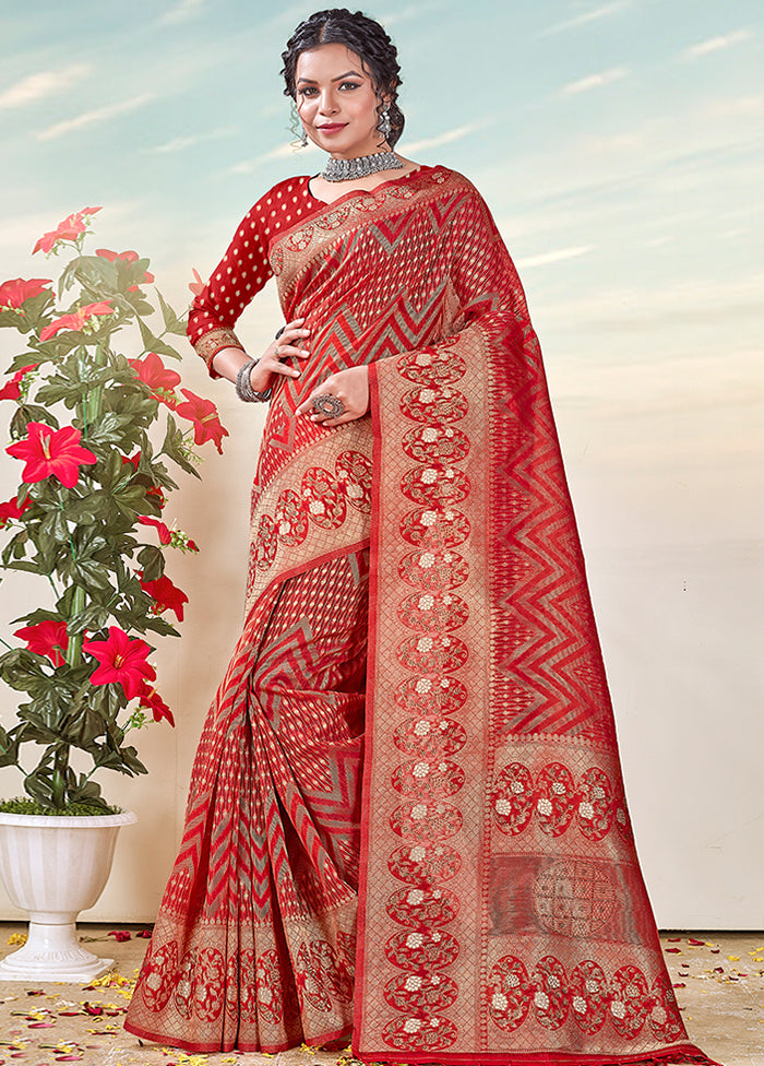 Red Organza Saree With Blouse Piece - Indian Silk House Agencies