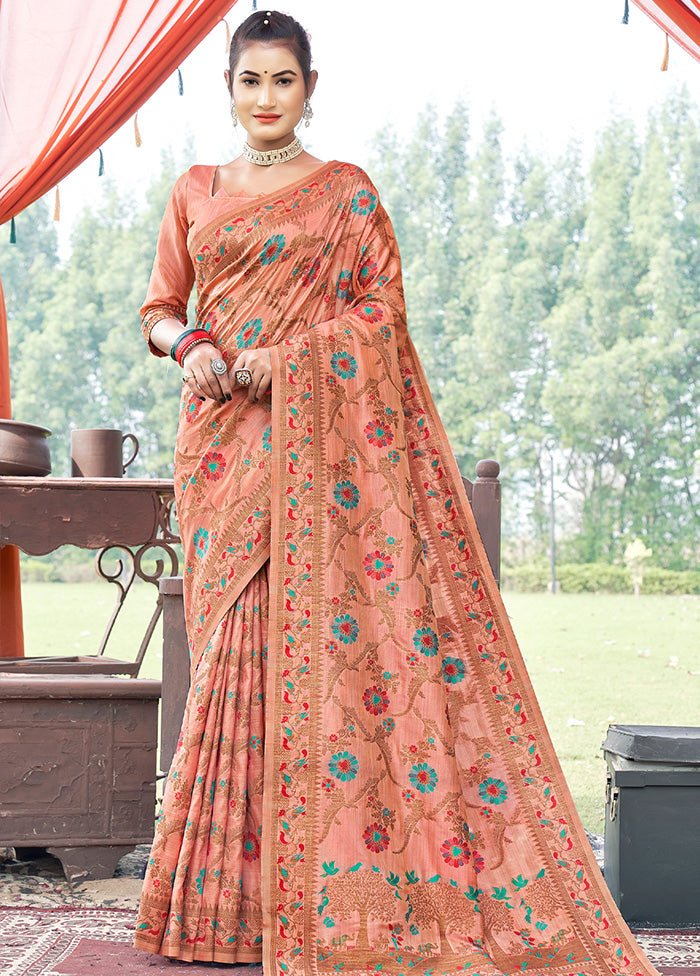 Peach Spun Silk Saree With Blouse Piece - Indian Silk House Agencies