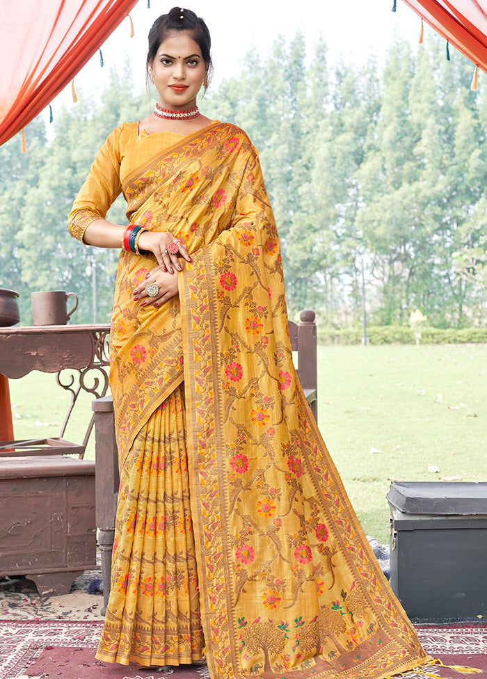 Mustard Spun Silk Saree With Blouse Piece - Indian Silk House Agencies