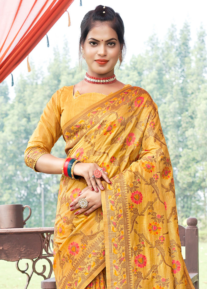 Mustard Spun Silk Saree With Blouse Piece - Indian Silk House Agencies