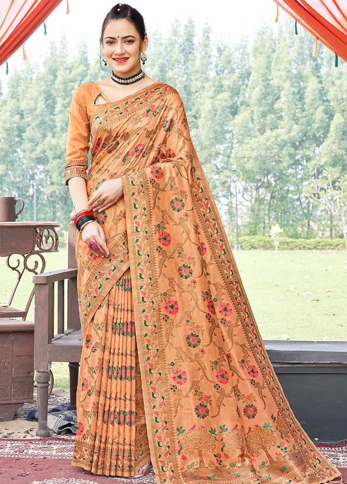 Peach Spun Silk Saree With Blouse Piece - Indian Silk House Agencies