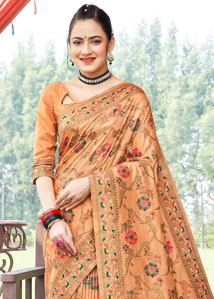 Peach Spun Silk Saree With Blouse Piece - Indian Silk House Agencies