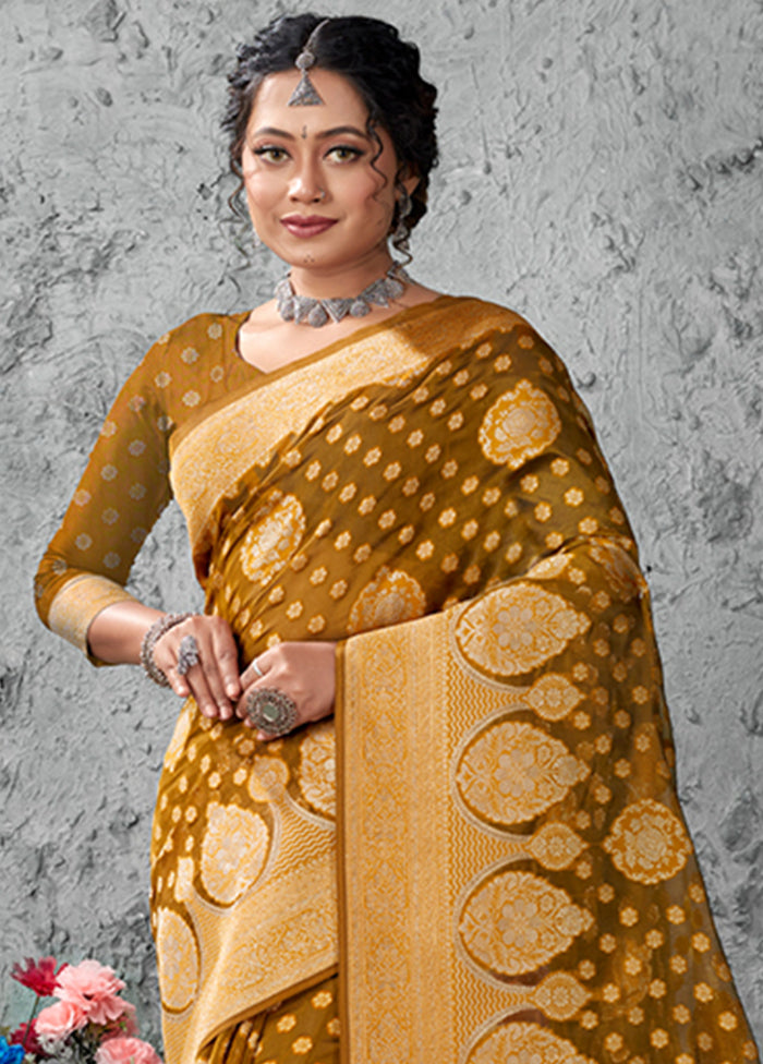 Brownish Green Organza Saree With Blouse Piece - Indian Silk House Agencies