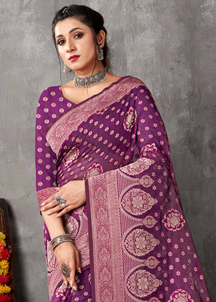 Purple Organza Saree With Blouse Piece - Indian Silk House Agencies