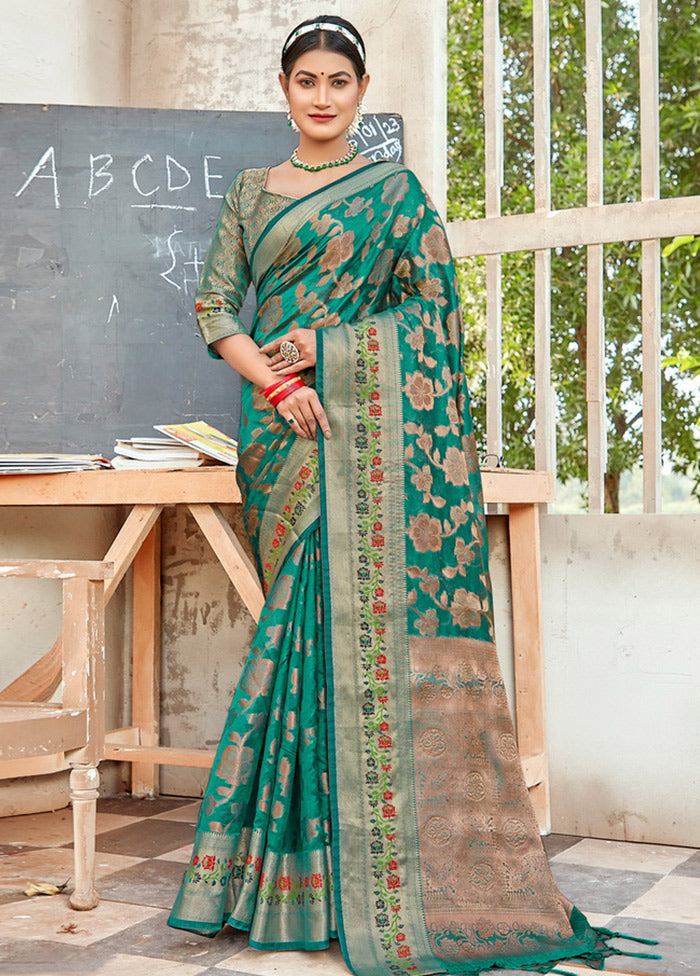 Turquoise Organza Saree With Blouse Piece - Indian Silk House Agencies