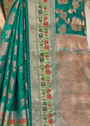 Turquoise Organza Saree With Blouse Piece - Indian Silk House Agencies