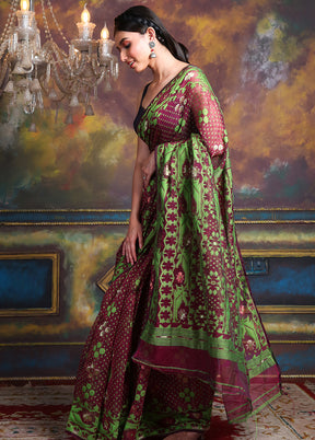 Maroon Tant Jamdani Saree Without Blouse Piece - Indian Silk House Agencies