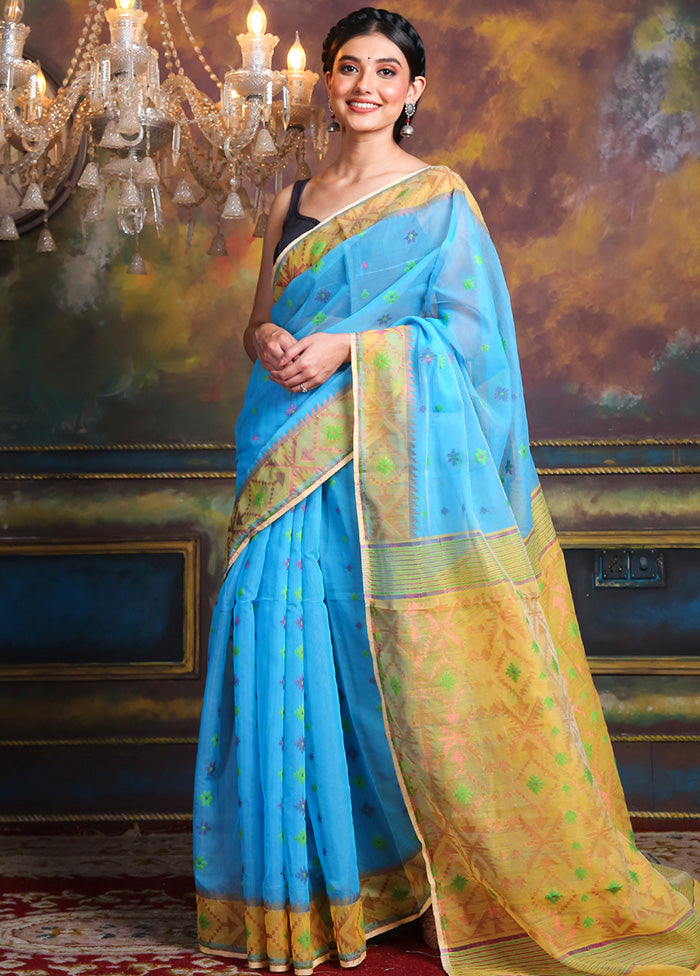 Sky Blue Tant Jamdani Saree Without Blouse Piece - Indian Silk House Agencies