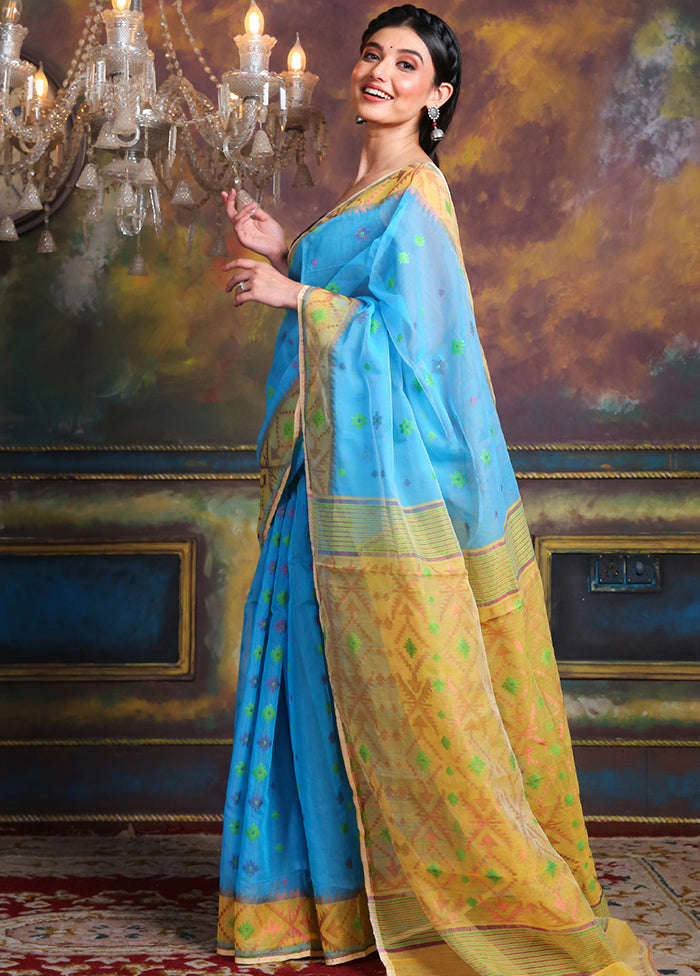Sky Blue Tant Jamdani Saree Without Blouse Piece - Indian Silk House Agencies