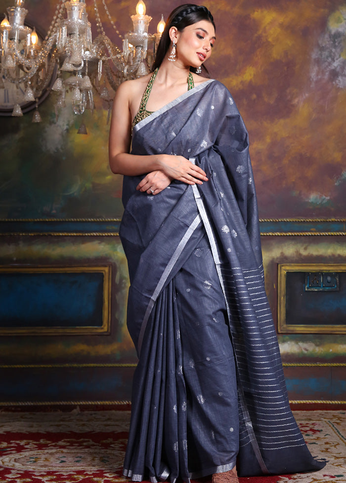 Grey Spun Silk Saree With Blouse Piece - Indian Silk House Agencies