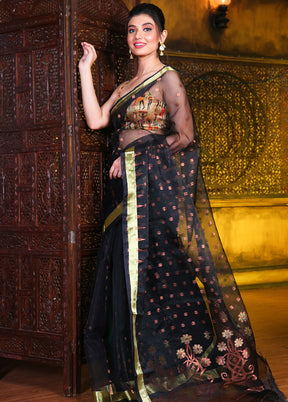 Black Pure Tant Jamdani Saree Without Blouse Piece - Indian Silk House Agencies