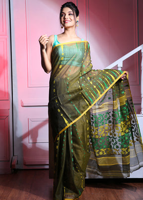 Deep Green Tant Jamdani Saree Without Blouse Piece - Indian Silk House Agencies