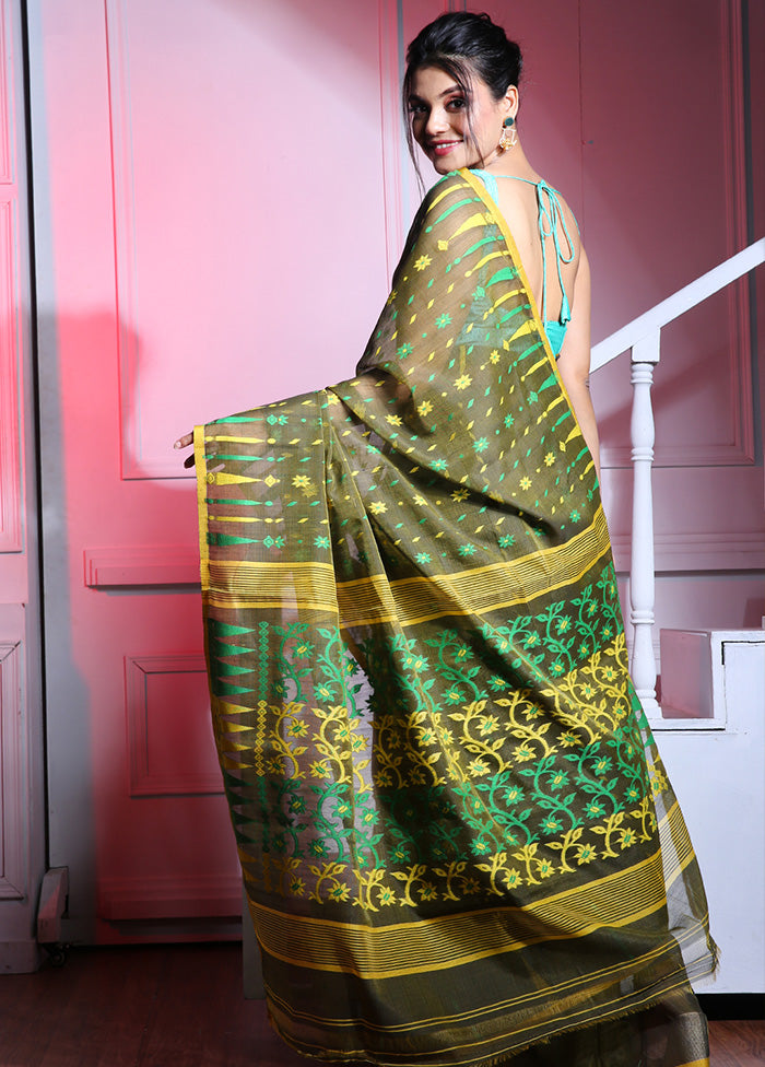 Deep Green Tant Jamdani Saree Without Blouse Piece - Indian Silk House Agencies