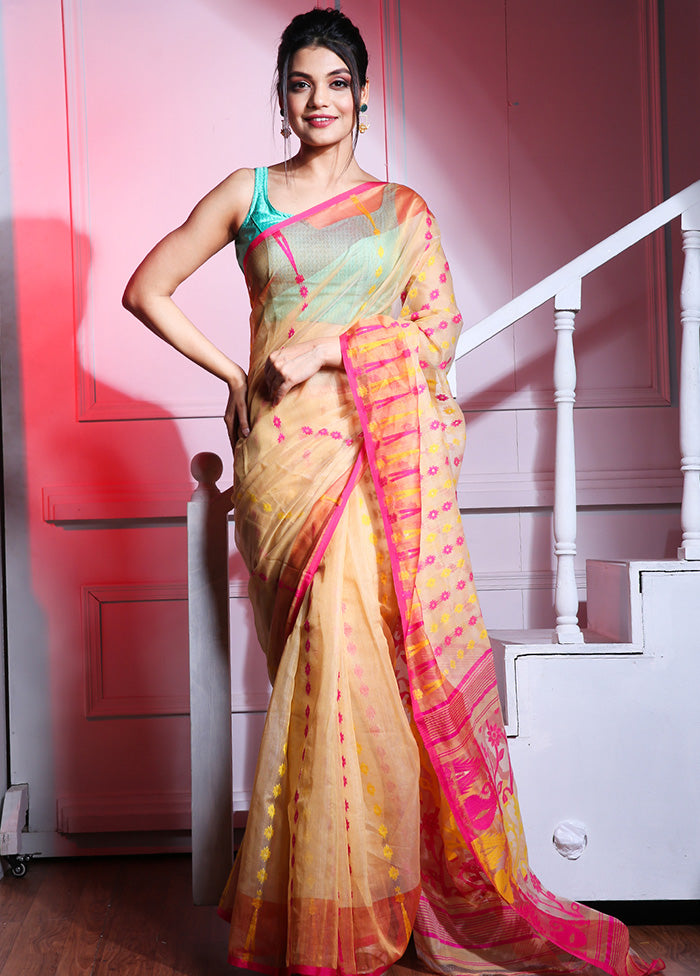 Cream Tant Jamdani Saree Without Blouse Piece - Indian Silk House Agencies