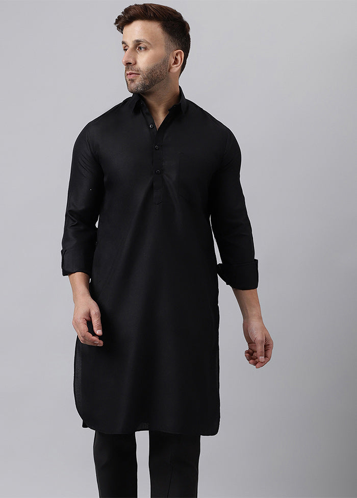 Black Cotton Jacquard Long Kurta