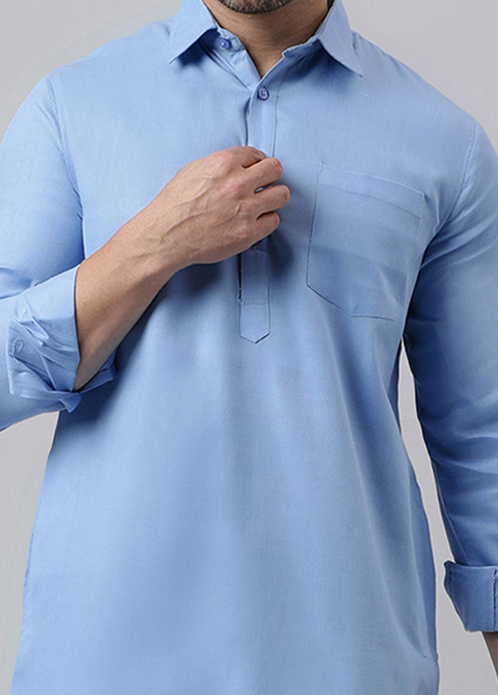 Blue Cotton Jacquard Long Kurta