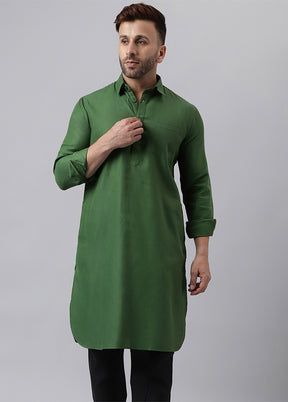 Green Cotton Jacquard Long Kurta