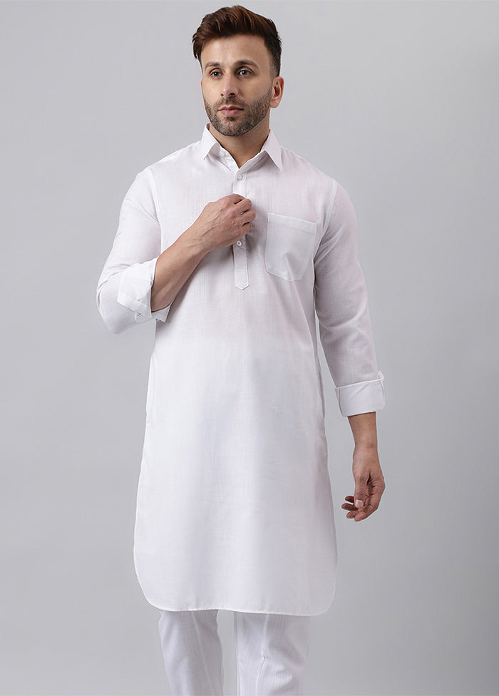 White Cotton Jacquard Long Kurta