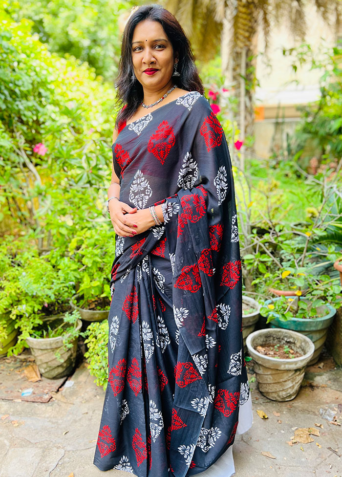 Black Handblock Printed Cotton Saree With Blouse Piece - Indian Silk House Agencies