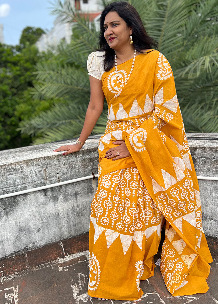 Yellow Handblock Printed Cotton Saree With Blouse Piece - Indian Silk House Agencies