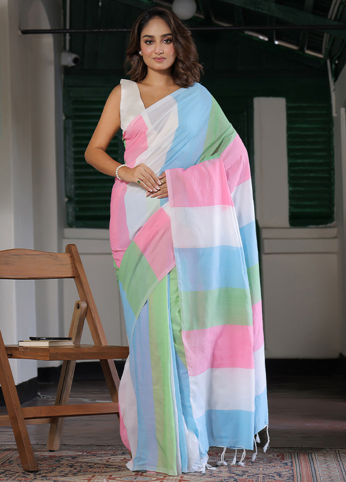 Multicolor Cotton Plain Work Saree Without Blouse Piece