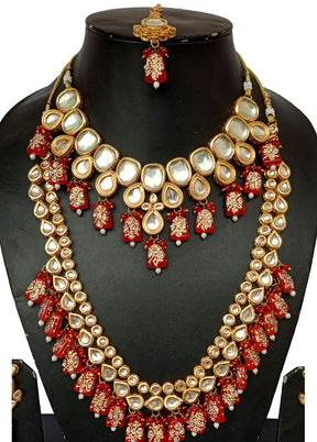 Gold Plated Kundan Jewellery Set With Red Polki - Indian Silk House Agencies