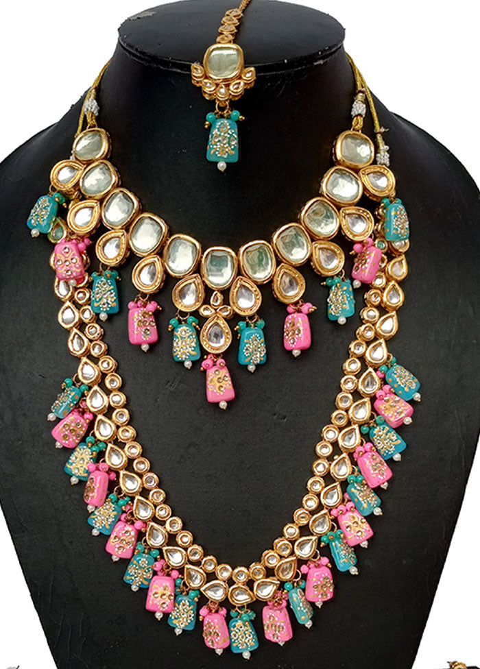 Gold Plated Kundan Jewellery Set With Pink And Blue Polki - Indian Silk House Agencies