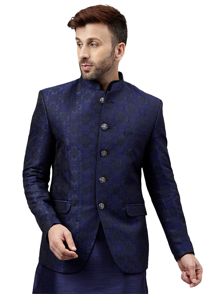 Navy Blue Viscose Jacquard Blazer