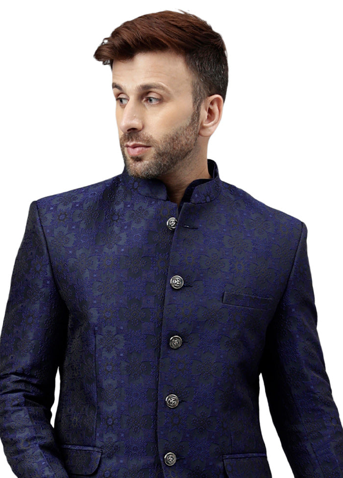 Navy Blue Viscose Jacquard Blazer