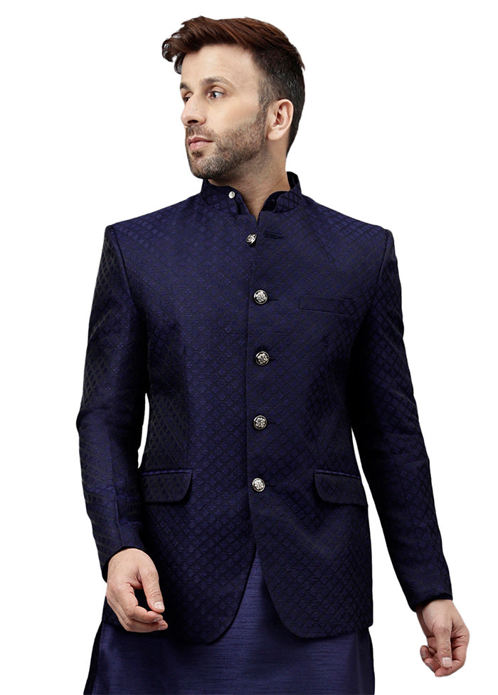 Navy Blue Viscose Jacquard Blazer