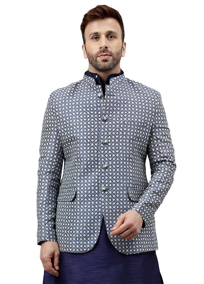 Navy Blue Viscose Jacquard Blazer