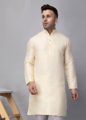 Cream Viscose Jacquard Knee Length Kurta