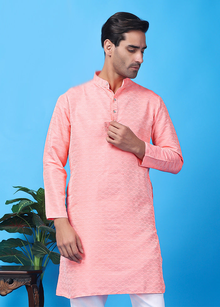 Pink Silk Jacquard Knee Length Kurta