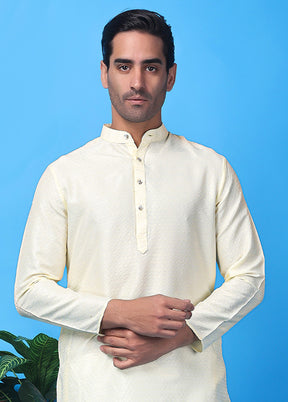 White Silk Jacquard Knee Length Kurta