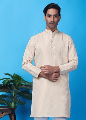 Peach Silk Jacquard Knee Length Kurta