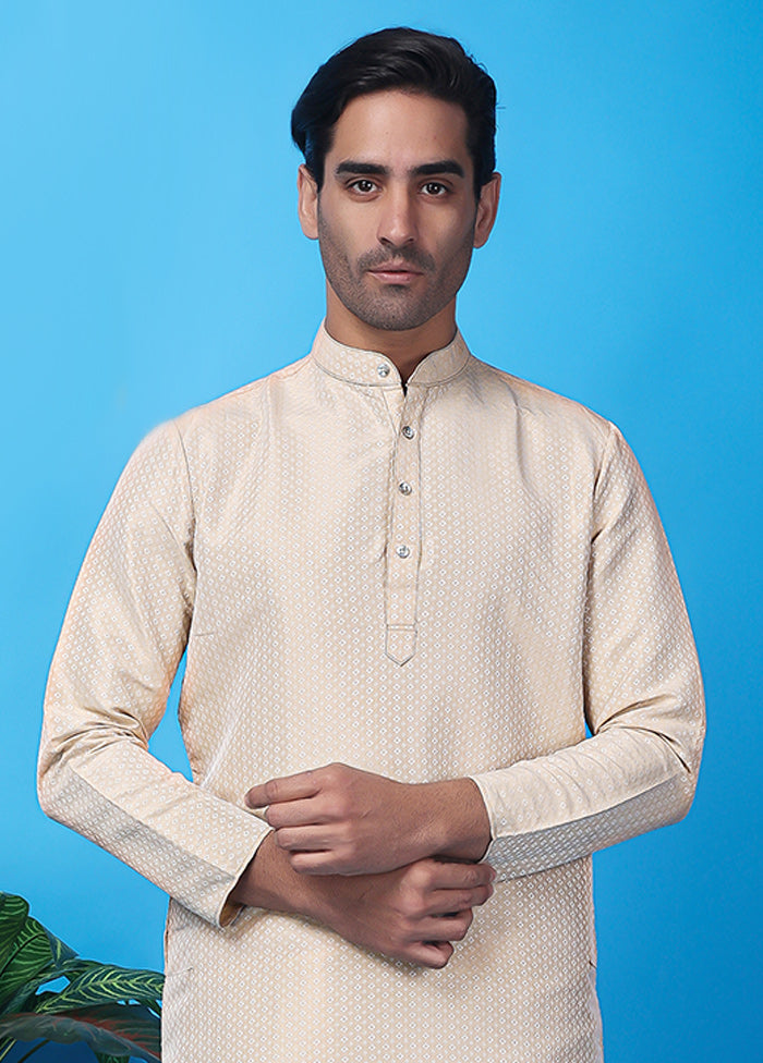 Peach Silk Jacquard Knee Length Kurta