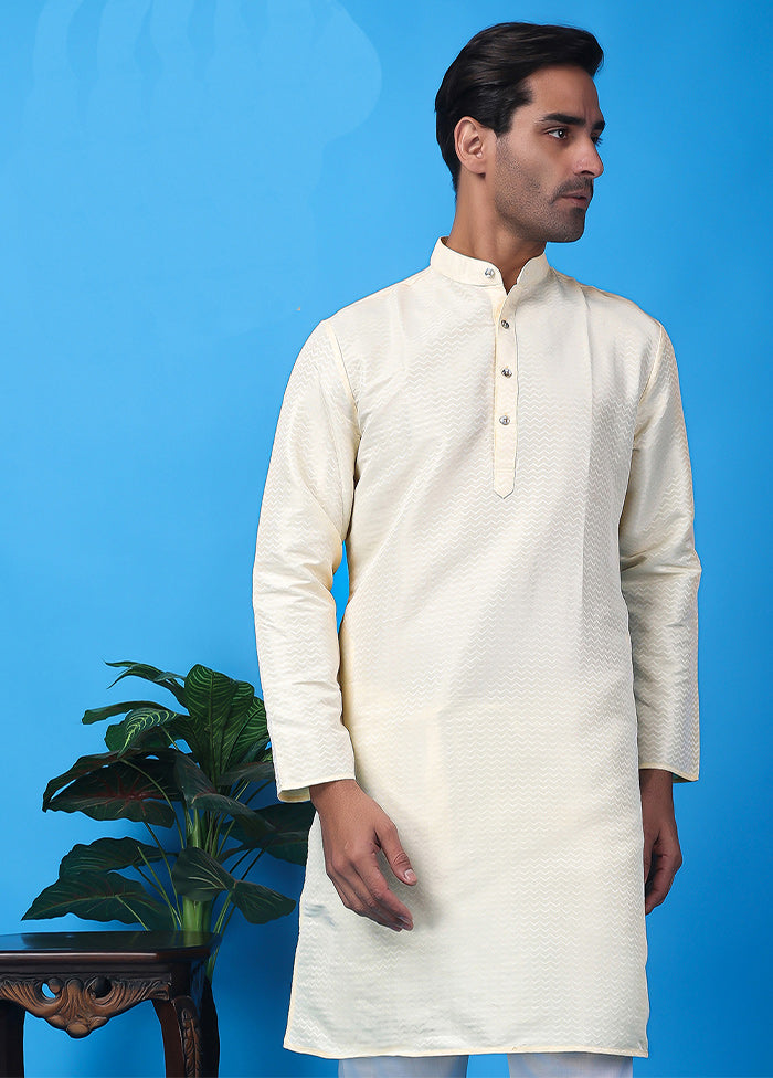 White Silk Jacquard Knee Length Kurta